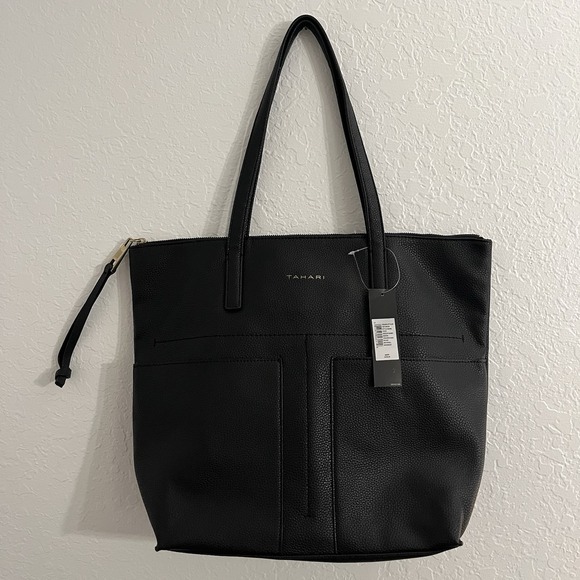 Tahari Large Black Faux Leather Tote Bag Purse Handbag Shoulder bag Gold Accents - Picture 3 of 11